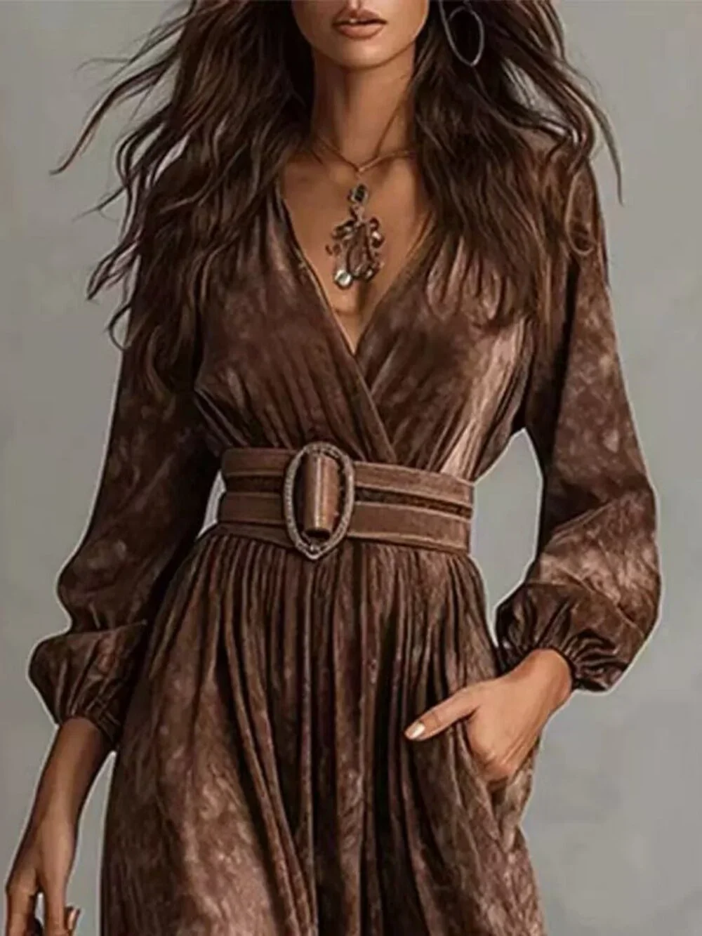Zimmermann Brown V-Neck Long Sleeve Maxi Dress with Belt - Picture 2 of 3